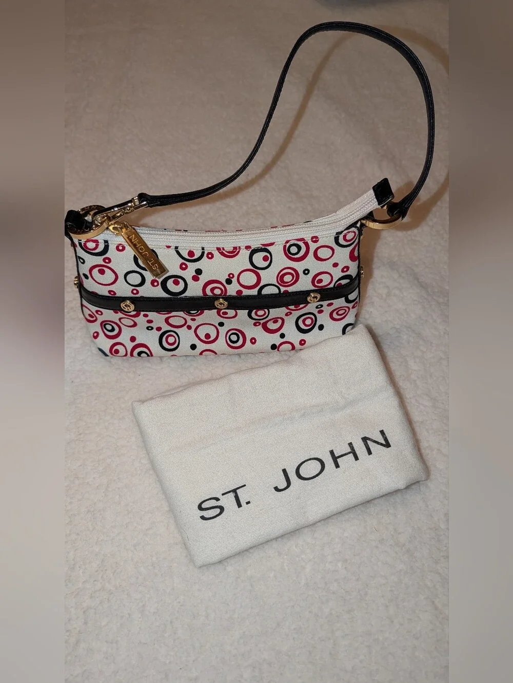 St. John Shoulder Bag Baguette Canvas Leather Red Black White With Dust Bag EUC